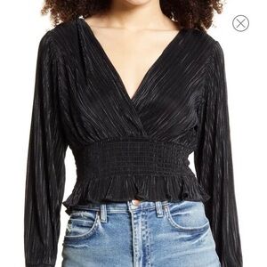 Leith Black Ruffled Plisse Smocked Blouse Size XS NWT